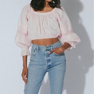 Cleobella Amaya Puff Sleeve Ruffle Cropped Blouse Top Blush Pink XS
